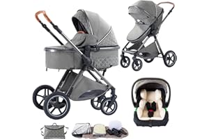 Shineey 3 in 1 Baby Stroller with Height Adjustable Handle,3 in 1 Prams Travel System, Lightweight Foldable Pushchair, Prams with Aluminum Frame for Portable Baby Carriage