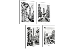 Mojoliving Tableau Noir et Blanc New York Berlin - Mural Taxi et Ligne d'Horizon - Poster Londres Paris