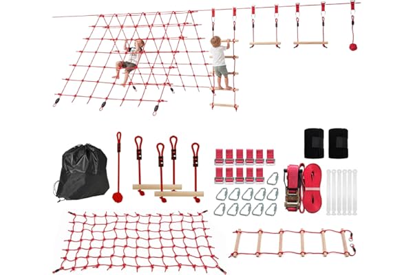AIYAPLAY Parcours d'obstacles Ninja pour Enfants 10 m Charge 100 kg Slackline et Sac de Transport, équipement de Jeu extérieur pour Filles et garçons, Installation Facile, Rouge