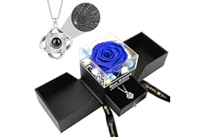 FAYODO Ewige Rose mit Ich Liebe Dich Halskette Damen,Echte Konservierte Blumen Rosenbox Geschenke für Frauen Mama Frau Valentinstag Muttertag Geburtstags Jubiläum（Saphirblau）