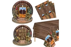 HEGBOLKE Cowboy Party Decorations - 61Pcs Birthday Plates, Napkins, Western Tablecloth for Western Birthday Party Decorations Cowboy Party Supplies, Serve 20