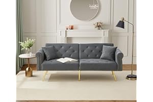 ModernLuxe 2-Seater Sofa Bed,Velvet Upholstered Sofa with Adjustable Backrest,Space-Saving Small Sofa Bed with Cushions,Gold-Plated Metal Feet, Ideal for Guest Room & Living Room,Grey