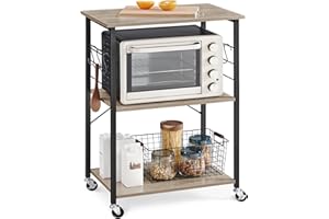 ‎VASAGLE VASAGLE Küchenregal auf Rollen, Servierwagen, 3 Ebenen, Küchenwagen, für Mini-Backofen, Mikrowellen, Metallrahmen, 6 Haken, 40 x 60 x 89 cm, greige meliert-tintenschwarz KKS060B02