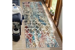BORKOY Moroccan Colourful Carpet Runner 80x150cm | Non-Slip Boho Hallway & Kitchen Rug | Washable Long Runner Mat for Corridor Bedroom Living Room | Vintage Pattern Polyester Floor Mat Sold by Metre