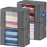 AIOR 4pcs Foldable Clothes Storage Bag, 60L Large Clothes Storage Boxes with Reinforced Handle, Non-Woven Organizer Storage f