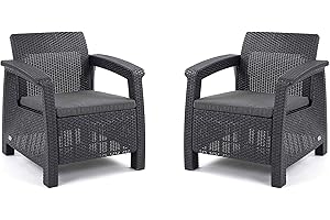 Allibert by Keter Corfu 2er Set Gartensessel aus Kunststoff, inkl. Outdoor Kissen, für Garten und Balkon, graphit / hell grau, 75 x 70 x 79cm pro Stuhl
