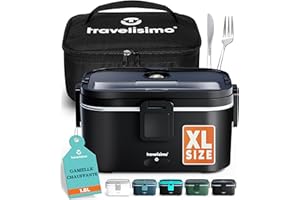 TRAVELISIMO XL Gamelle Chauffante Grande Capacité 1,8L Lunch Box Chauffante 80W Chauffe Repas 3 en 1 220V 24V 12V, chauffe Plat voiture, Gamelle Chauffante Allume Cigare, Acier Inoxydable