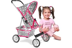 ‎KINDERPLAY Kinderplay Puppenwagen Buggy – Leichtes Aluminium, Anschnallgurt & Einkaufskorb – Für Puppen bis 40 cm – Klappbar mit Verdeck, Soft-Griff, leise Schaumräder – 56 cm Höhe, ab 3 Jahren