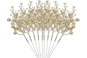 VANZACK Künstliche Weihnachts-Beerenstiele Künstliche Schneeflocken-Beerenzweig-Arrangements Dekorative Girlanden DIY-Weihnachtsbaum-Festdekorationen 10 Stück (Golden)