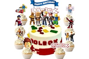 LGUZAKO 9pcs Game Cake Toppers Cake Decorations, 1 Large Happy Birthday Topper 8 Small for Sandbox Game Cupcake Toppers Happy Birthday Cake Decorations for Sandbox Kids (Blue)