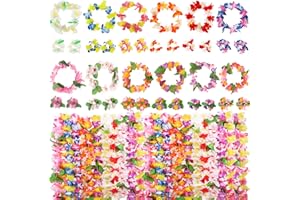 BETESSIN 48Pcs Colliers de Fleurs Hawaïenne Bracelets Guirlandes Tenue Hawaïenne Décoration Tropicale Plage Fête d'Été Carnaval