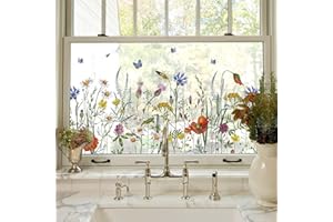 ‎FANCYCLINGS Fensterfolie Fenster Frühlingsdekor Fensterglasfolie Botanisches Blumenmuster Statisch haftend Kein Klebstoff Wiederverwendbar Geeignet für Wohnzimmer, Schmetterlinge zwischen Blumen, 44X200CM