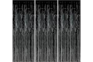 CATIME 3 x 2,5 m, aluminiowa zasłona z frędzlami, 1 x 2,5 m, metalowa kurtyna Shimmer Płótno, Dekoracja zasłony aluminiowej do dekoracji okna przyjęcie urodzinowe (czarna)