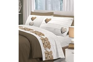 Biancheriastore Set Lenzuola Letto Orsetti E Cuori Completo in Cotone Made in Italy Lenzuolo sopra + sotto con Angoli + Federa/e con Stampa in Entrambi i Lati - 2 piazze - Beige