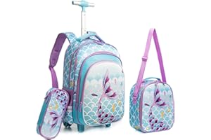 HTgroce Unicorn Girls Rolling Schoolbag Primary Kindergarten Backpack Set for Girls,Unicorn Girls Rolling Schoolbag Primary Lunch Bag 3 szt.