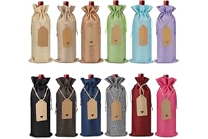 Tigerkinwit Bolsas para Botellas de Vino 12 Piezas Bolsas de Regalo de Vino Cordón con 12 Etiquetas y 10 Metro Cuerda de Cáñamo Fundas Reutilizables para Botellas de Vino(12 Colores)