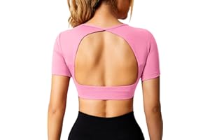 ZAAYO Camiseta deportiva para mujer, sin espalda, manga corta, con soporte para recortar, camiseta de punto de fitness y estiramiento