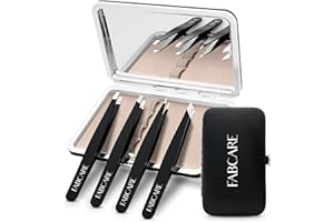 FABCARE Pinzas para cejas (anguladas), incluye estuche, punta mejorada, pinzas profesionales para cejas con revestimiento antideslizante, pinzas de depilación con espejo