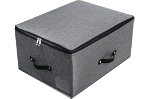 OMYGARDEN Cubo de Almacenamiento Plegable con Tablero Divisor, 4 Asas, Tapa con Cremallera Mantas Ropa Colcha Caja de Almacenamiento para Dormitorio Armario Estante de Armario, 52x40x26cm, Negro Gris