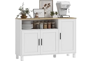 HOMCOM Credenza Cucina con Ante Ammortizzate, Mobile Cucina Moderno con Ripiano Regolabile, Gambe in Pino e Vano Aperto, Credenza Buffet per Soggiorno, Sala da Pranzo e Salotto, 110x33x75 cm, Bianco