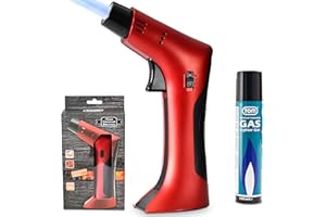 TOM Flambierbrenner Set MIT Gas befüllt + 1 x Butangas Kartusche – Profi Gasbrenner mit Sicherheitsschloss für Küche, Haushalt, Camping & Werkstatt – nachfüllbar – in zwei Farben – Jetflame (Rot)