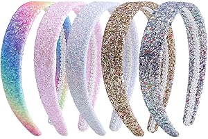 Nenjindz Sequin Headbands Glitter Headbands for Women Girls,5 Pack Sparkly Hard Headbands Glitter Wide Head Bands for Kids Plastic Rainbow Heabands(Gold,Silver,Pink,White,Rainibow)…