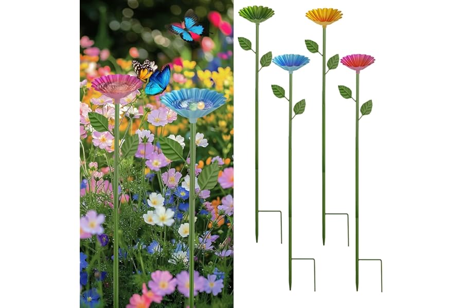 4 Pack Garden Bee Watering Station with Adjustable Iron Stakes Metal Bee Feeder Cups Flower Design Practical Bird Watering Station Vibrant Garden Decor for Outdoor Garden Yard