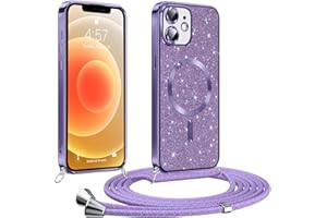 Phoona handyband Hülle für iPhone 12 mit Band, Glitzer Handyhülle Kompatibel mit MagSafe, Ganzkörperschutz Kratzfeste Stossfest Schutzhülle mit Einstellbar Kette, Lila