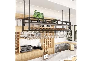 Tak Vinglasställ Flytande hyllor Industriell hängande vinflaskhållare, takhylla i svart metall för Bar Cafe Kitchen, 47,2''X1