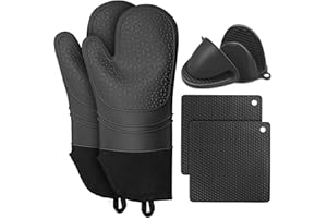 KERYCHIN Silicone Oven Gloves + Trivets + Pot Holders Set, Heat Resistant 480℉, Extra Long Oven Mitts with Non-slip Pattern Surface for Baking, Cooking, BBQ, Grill, Barbecue, Microwave, 36.5 cm, Black