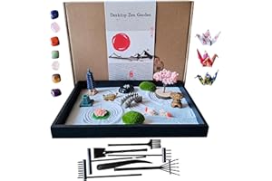ZEN&TAO Classic Desktop Zen Garden with Abundant (Over 20) Accessories Sitting in Large Black Original Wood Tray and 7pcs Toolset Encased in Metal Box (CHAKRA GEMSTONES)
