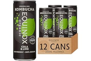 Equinox Kombucha Cola & Lime (12 x 250ml) | Brewed in UK with SCOBY, Green Tea & Raw Cane Sugar | Sparkling Live Cultured Probiotic Drink for Gut Health | No Sweeteners & 100% Natural