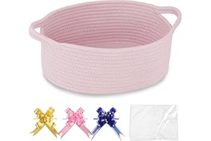COMSE Small Woven Basket with Gift Bags and Ribbons, Gift Basket Empty, Nursery Organisers Storage for Baby Toy, Cotton Rope, 30.5 x 20 x 13 CM, Light Pink