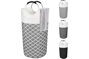 Qidordour 90L Large Laundry Basket, Collapsible Laundry Hamper, Freestanding Tall Dirty Clothes Basket for Laundry, Grey Waterproof Washing Baskets, Laundry Bin Foldable Laundry Bag with Handles