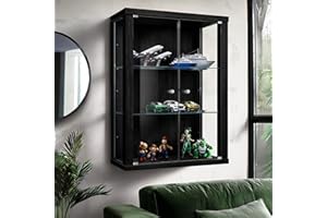 ‎K-MÖBEL K-Möbel Hängevitrine Glas (80x60x25cm) - Made in Germany - Glasvitrine hängend mit 2 höhenverstellbaren Glasböden aus ESG in Schwarz - Schrank mit Glastüren - Wandvitrine - Display Cabinet