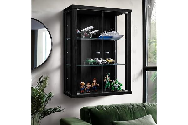 K-Möbel vägghängd glasvitrin i svart (80x60x25 cm) med 2 justerbara glashyllor - modellbilvitrin svart - vitrinskåp - samlarvitrin - liten glasvitrin hylla glas skåp