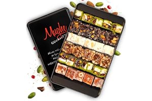 lyxig turkisk fröjd Pistage Sortiment Dessert Gourmet Presentask, Traditionell Sultan Lokum Delights Urval av Pistage, Apelsin, Hasselnöt, Mandel, Presenter Plåtask 650g, 30st Mughe Gourmet