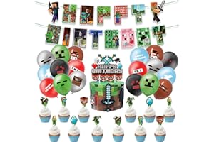 STUINMOLL Geburtstagsdeko Jungen Mädchen Minecraft Geburtstag Deko Minecraft Party Dekoration Set Enthält Happy Birthday Banner Luftballons Tortendeko Kuchen Deko für 3 4 5 6 7 8 9 10 Jahre