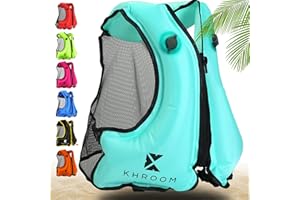 Khroom Chaleco de natación Hinchable Conforme a la última Norma de la EU | 150-210 cm de Altura Corporal, hasta 100 kg | Chaleco de flotabilidad para Adultos | Snorkel, Kayak y Sup (V2 Turquesa)
