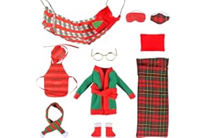 AUIRSHIKY 10 Pzs de Navidad Elf Accesorios de Disfraces, Divertido Adorno de muñeca de Elfo, Hamaca de Elfo, Saco de Dormir, Delantal, Bufanda, Gafas, Antifaz, Disfraz de muñeca de Elfo de Navidad