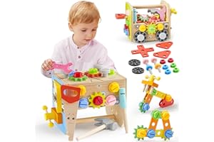 SYNCFUN Montessori stół warsztatowy dla dzieci, zabawka, 51 elementów, drewniane zestawy narzędzi od 3, 4, 5, 6 lat, dla chłopców i dziewczynek, walizka na narzędzia dla dzieci, prezent urodzinowy