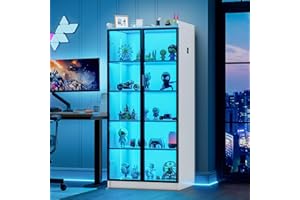 yoofun 65" Display Cabinet with Acrylic Double Doors with Lights, 5 Tier Curio Tall Storage Cabinet with Adjustable Shelves, Transparent Figures Display Case for Living Room Office (White)