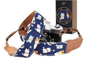 Padwa Lifestyle Kameragurt - 2" breiter Vintage-Baumwoll-kameragurte mit Rindsleder-Enden, kann als Gurt für alle Kameras, Fernglasgurt und Drohnenfernbedienungsgurt - Blau Katze Animal Print