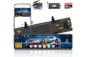 AIRPUXEM 4K WiFi Dashcam Espejo Retrovisor, Retrovisor Coche con Camara 12'' Espejo Retrovisor con Camara con Dash CAM Coche con Tarjeta SD de 64 GB Visión Nocturna Sensor G Grabación en Bucle