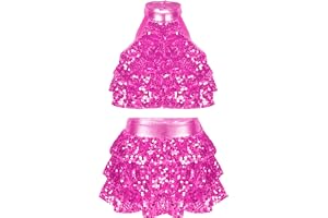 YiZYiF Barn flickor dans outfit glitter latin jazz outfit magfri paljetter topp veckad kjol set gnistrande prestanda moderna