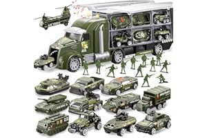 JOYIN 14in1 die-cast camion militare veicolo dell'esercito set di giocattoli con uomini soldato, mini auto da battaglia giocattolo in camion portante con luci e suoni, regali di compleanno per bambini