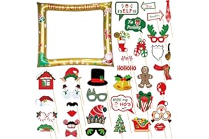 COSORO Gold Christmas Inflatable Selfie Frame Inflatable Photo Booth Frame with 32Pcs Photo Booth Props,Xmas Inflatable Picture Frame Blow Up Party Prop Kit for Kids Adults Christmas Party Games Accessories
