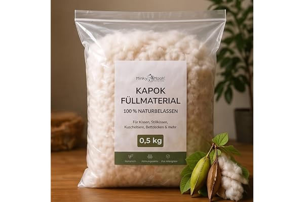 Minky Mooh® 0,5 kg Kapok-fyllningsmaterial (Öko-Tex 100) vegansk och 100 % naturlig – capoull och fyllnadsvadd för allergiker – andningsbar capofiberull för fyllning av amningskudde, kuddar, madrass