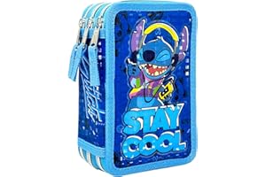 Clondo Dreifach Gefüllt Federmäppchen für Kinder, für Stitch Fans, Jungen und Mädchen, 44 Schulutensilien, 3 Reißverschlüsse, Buntstifte, Filzstifte