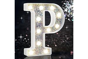HEYCOLOR LED Marquee Letter Lights, Light Up Silver Letters for Bedroom Glitter Gifts for Teenage Girls Alphabet Letter Sign Battery Powered Night Light Birthday Party Wedding Home Decoration, Silver Letter P